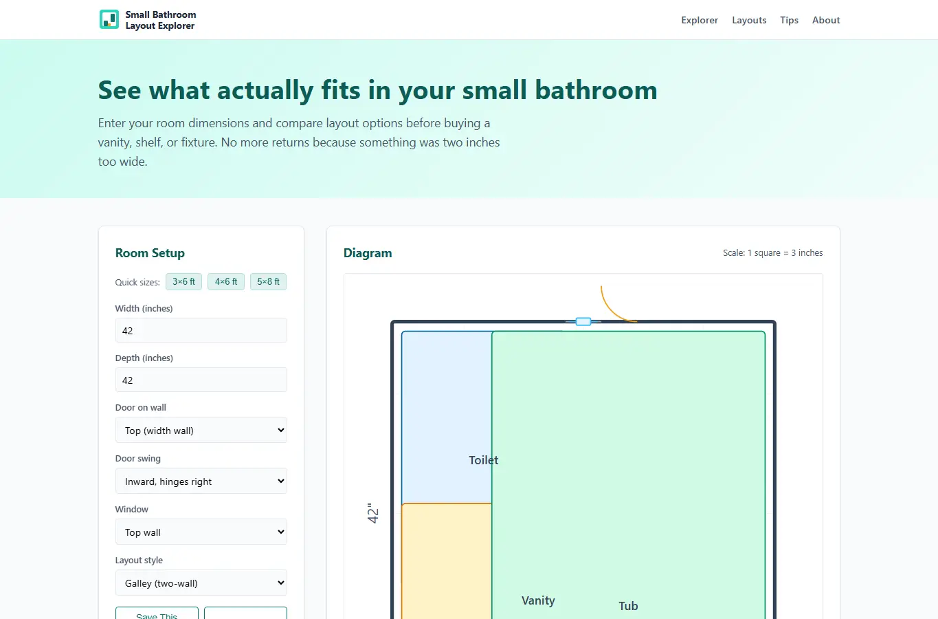 Screenshot of Small Bathroom Layout Explorer interface showing the project page in use